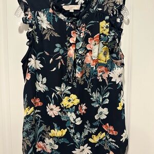 LOFT Floral Sleeveless Blouse - navy with Multicolor
